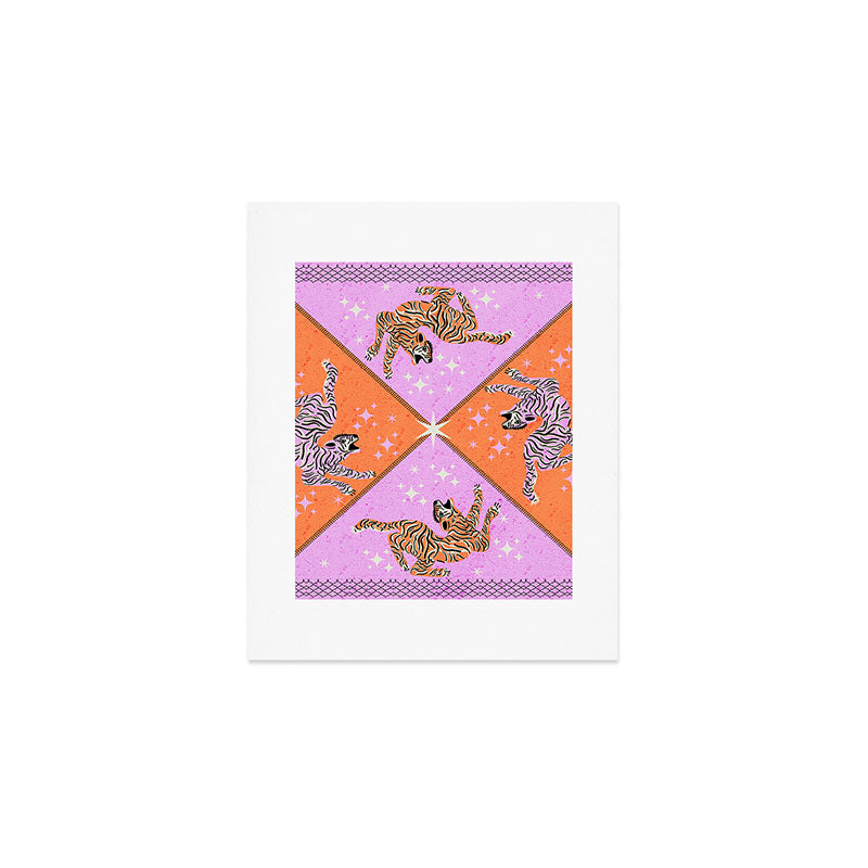 Retro vintage flying tiger geometric illustration in pink and orange background  Art Print Gallery Image 1