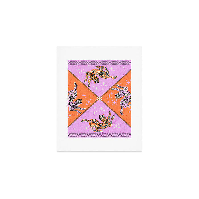 Retro vintage flying tiger geometric illustration in pink and orange background  Art Print Gallery Image 1