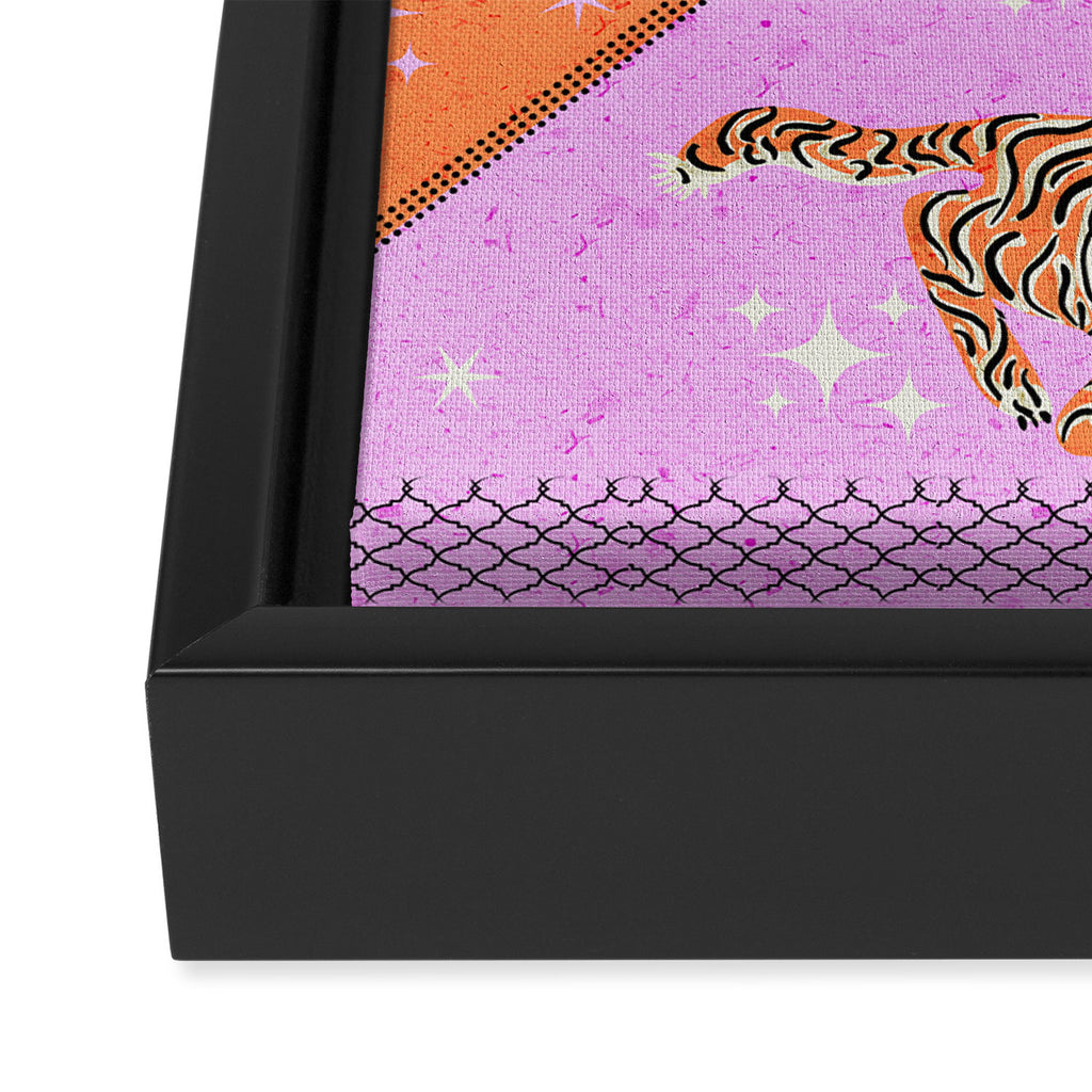 Retro vintage flying tiger geometric illustration in pink and orange background  Framed Canvas Print Gallery Image 3