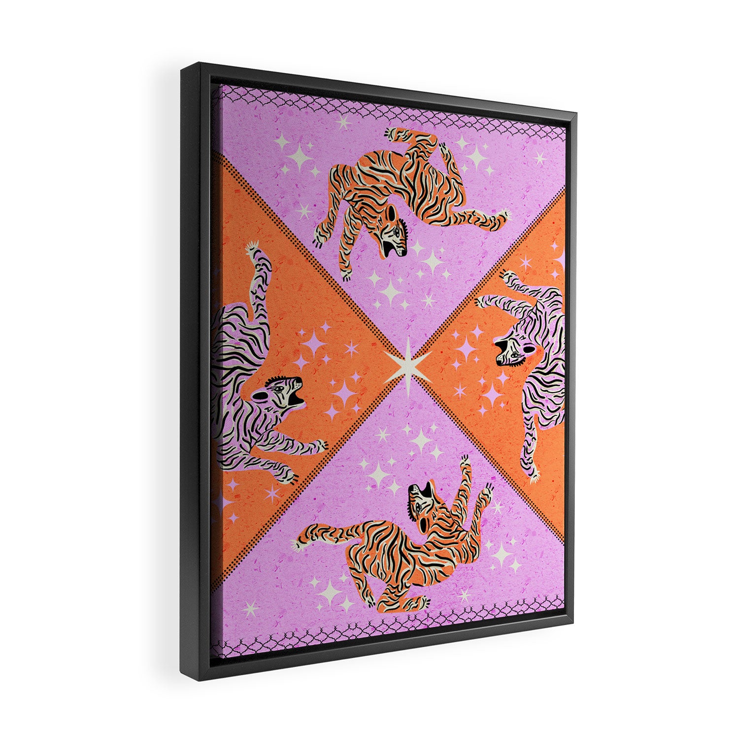 Retro vintage flying tiger geometric illustration in pink and orange background  Framed Canvas Print Gallery Image 2