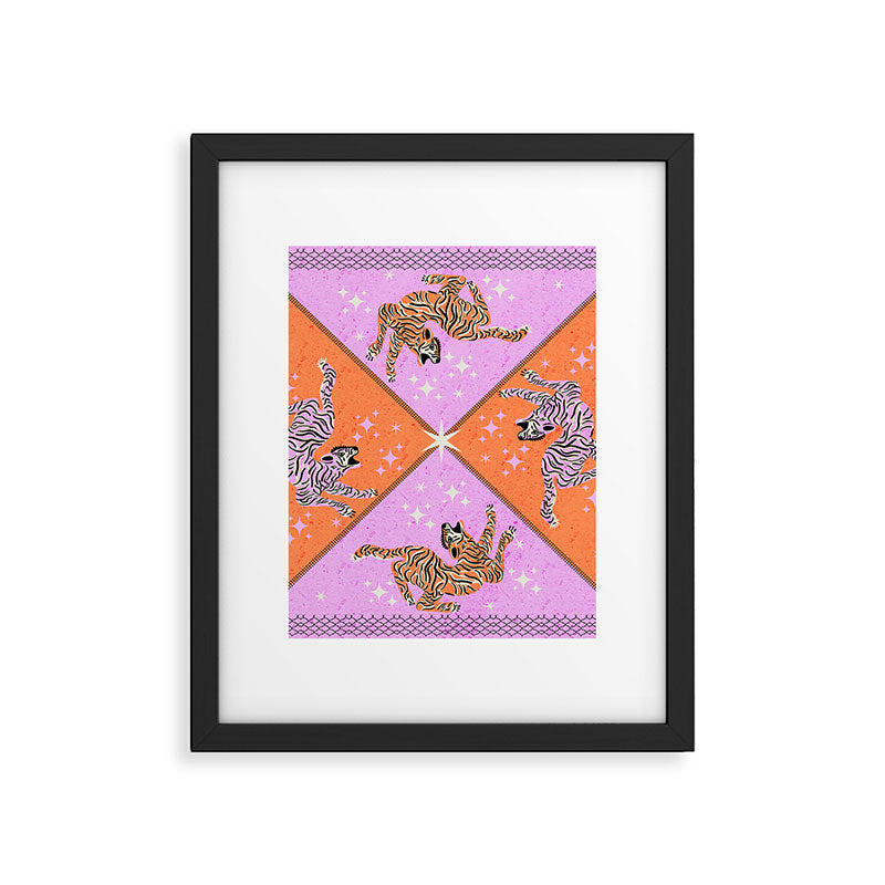 Retro vintage flying tiger geometric illustration in pink and orange background  Framed Art Print Gallery Image 6