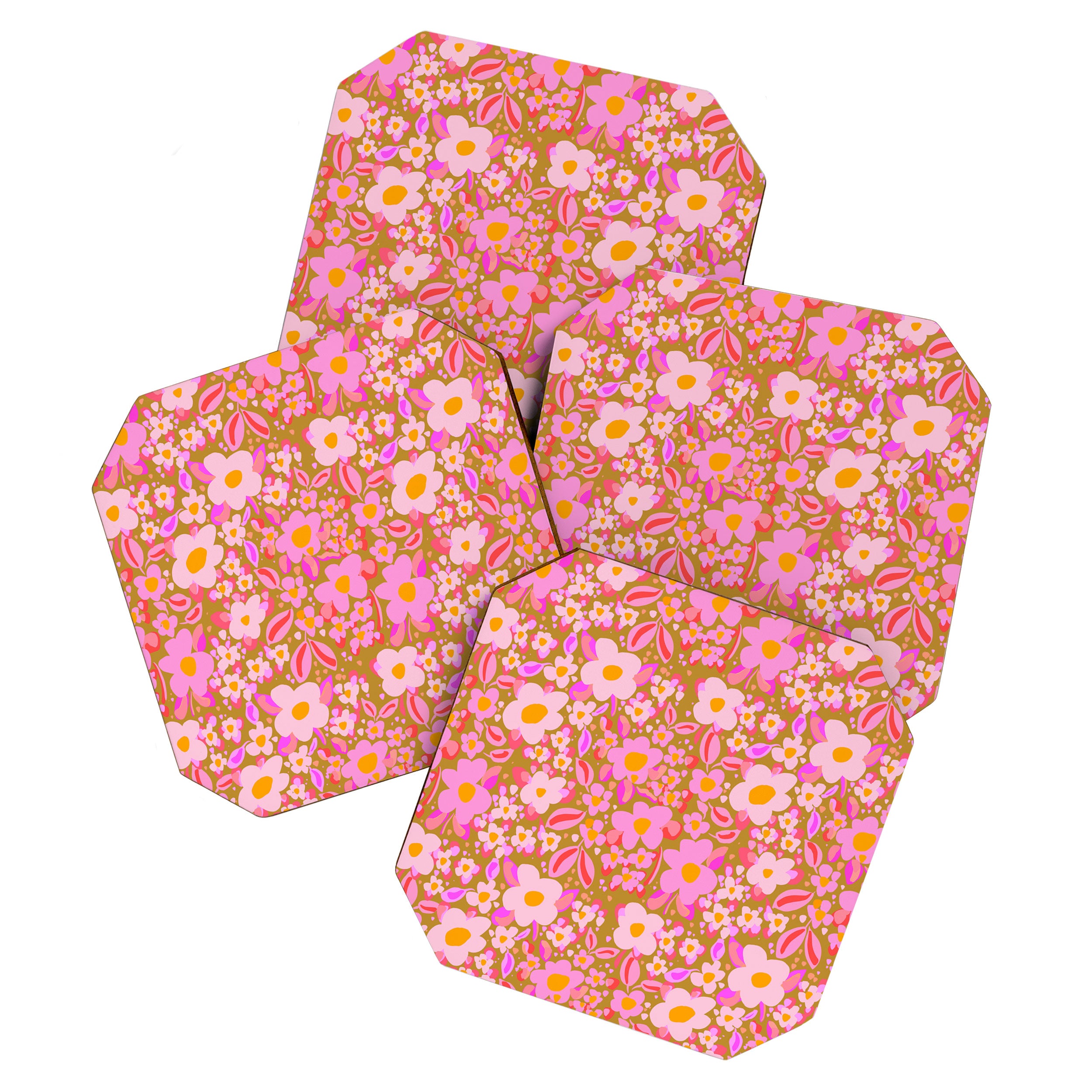 Retro vintage pink daisies pattern  Coaster Gallery Image 1