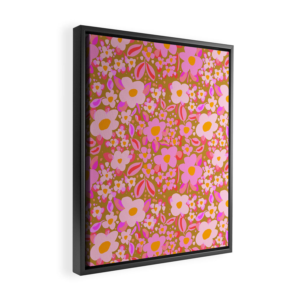Retro vintage pink daisies pattern  Framed Canvas Print Gallery Image 2