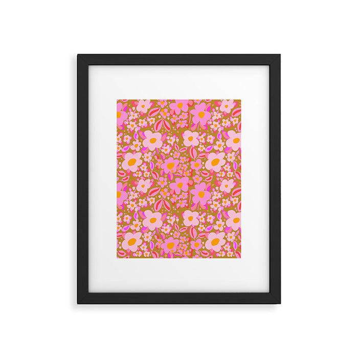 Retro vintage pink daisies pattern  Framed Art Print Gallery Image 1