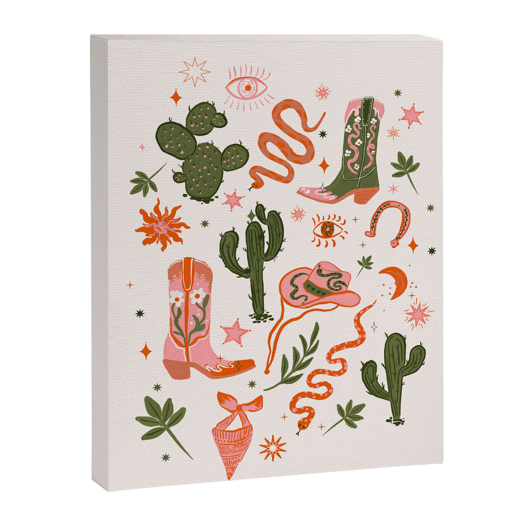 Retro Western-Inspired Pattern with Cacti, Snakes, and Cowboy Boots Canvas Print Gallery Image 8