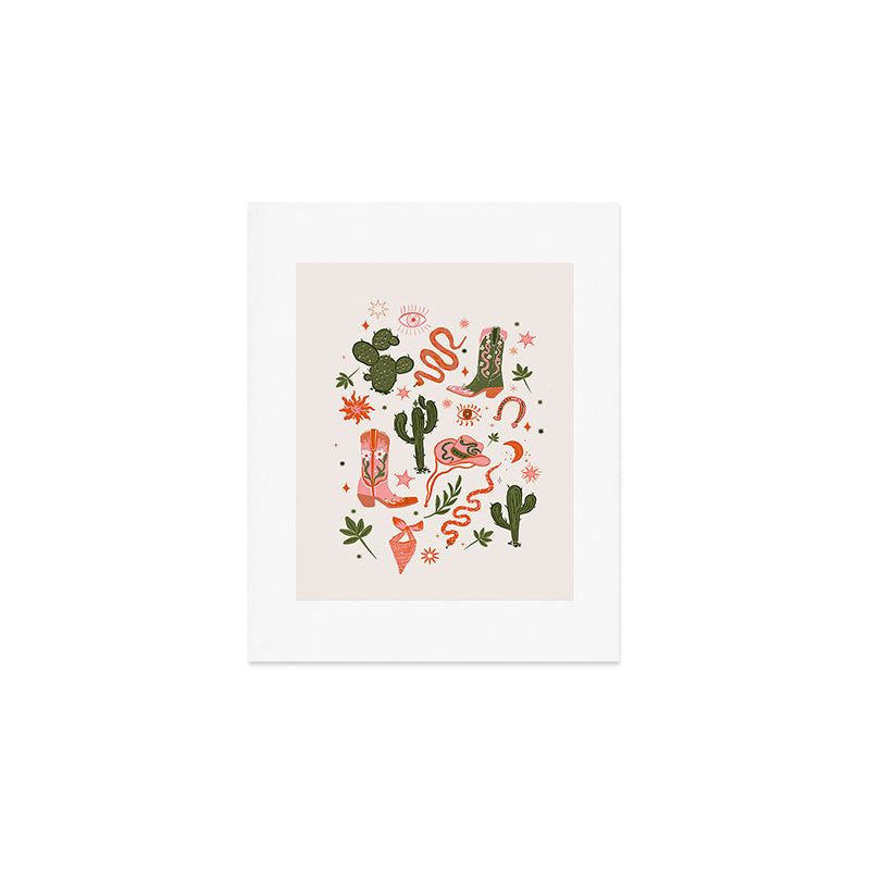 Retro Western-Inspired Pattern with Cacti, Snakes, and Cowboy Boots Art Print Gallery Image 1