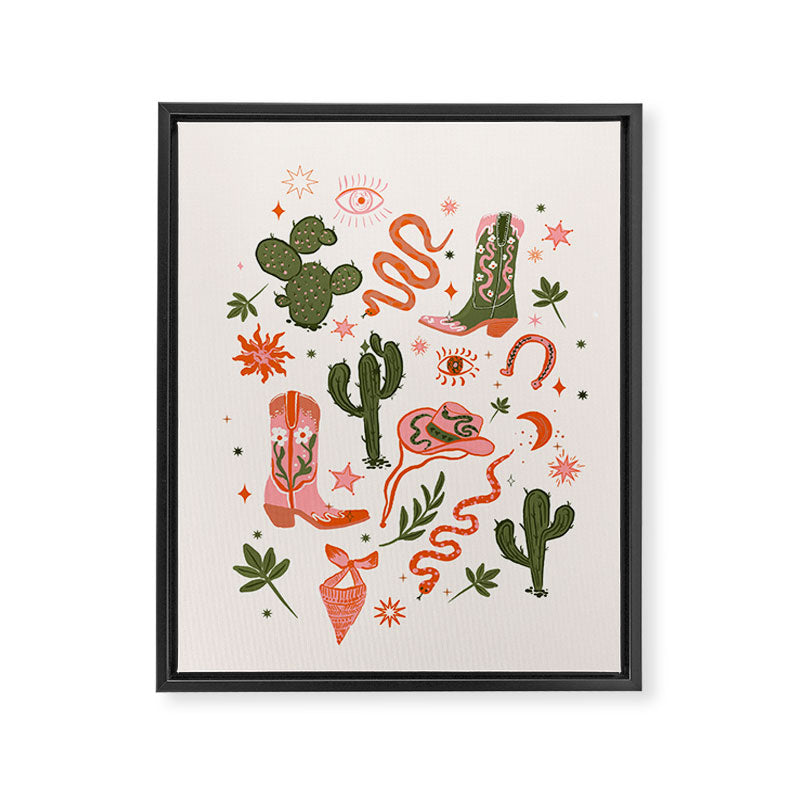 Retro Western-Inspired Pattern with Cacti, Snakes, and Cowboy Boots Framed Canvas Print Gallery Image 8
