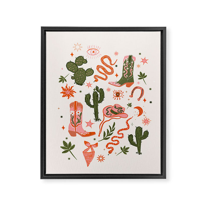 Retro Western-Inspired Pattern with Cacti, Snakes, and Cowboy Boots Framed Canvas Print Gallery Image 1