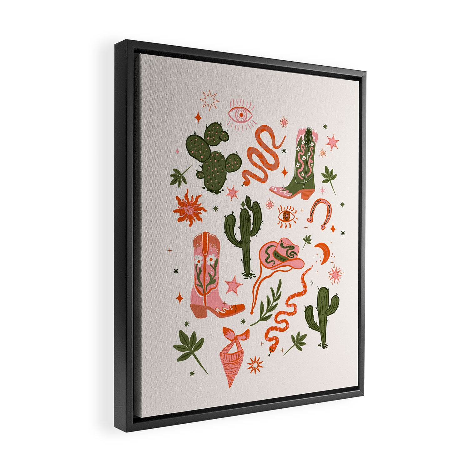 Retro Western-Inspired Pattern with Cacti, Snakes, and Cowboy Boots Framed Canvas Print Gallery Image 2
