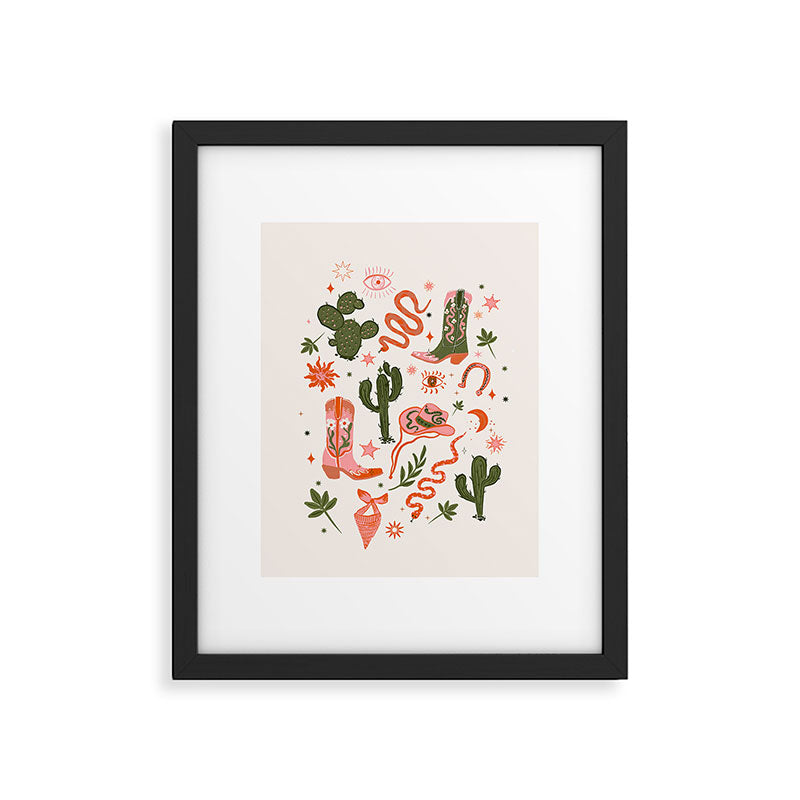 Retro Western-Inspired Pattern with Cacti, Snakes, and Cowboy Boots Framed Art Print Gallery Image 6