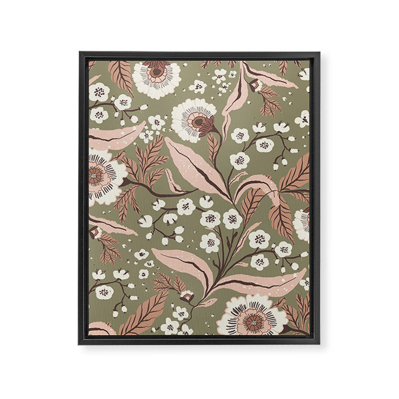 Sage Green and Mocha Mousse Vintage Floral Pattern Framed Canvas Print Gallery Image 8
