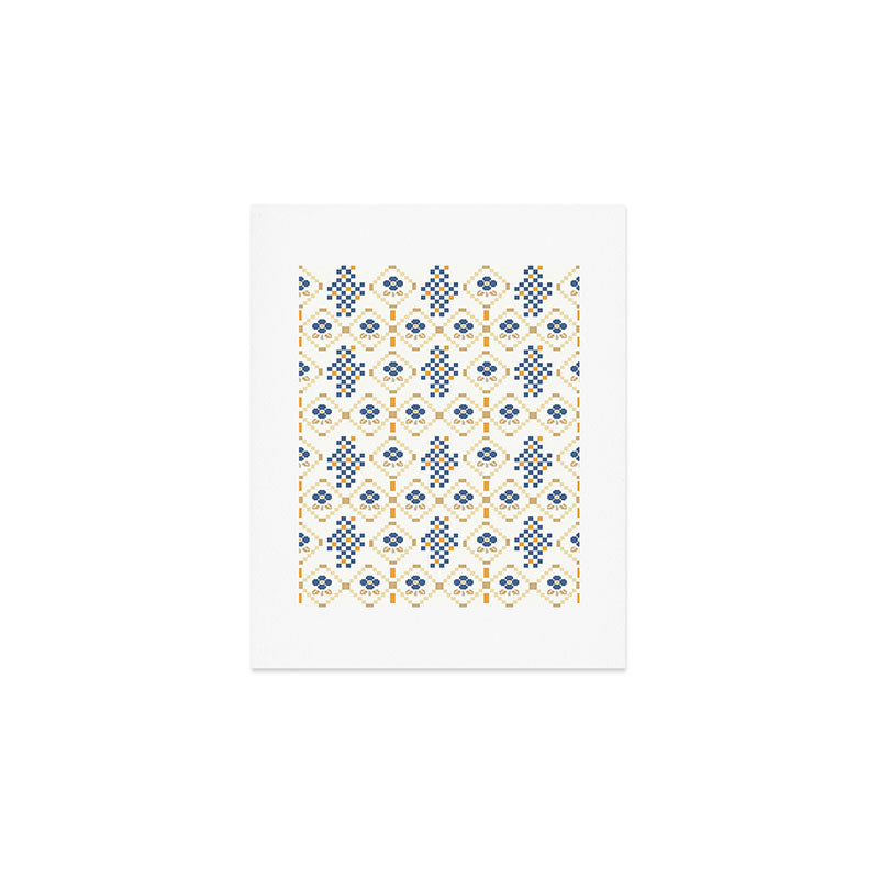 Scandinavian Geometric Floral Pattern  Nordic Folk Tile Design Blue and Mustard Modern Decor Art Print Gallery Image 1