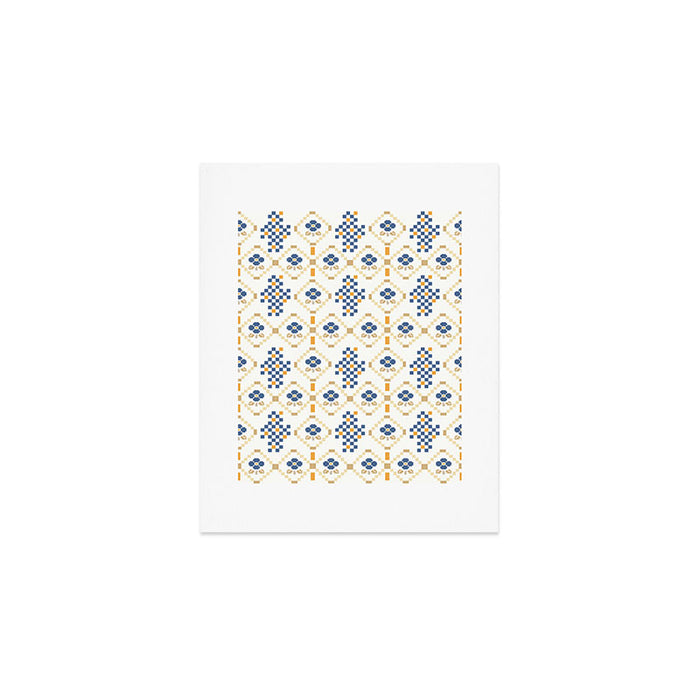 Scandinavian Geometric Floral Pattern  Nordic Folk Tile Design Blue and Mustard Modern Decor Art Print Gallery Image 1