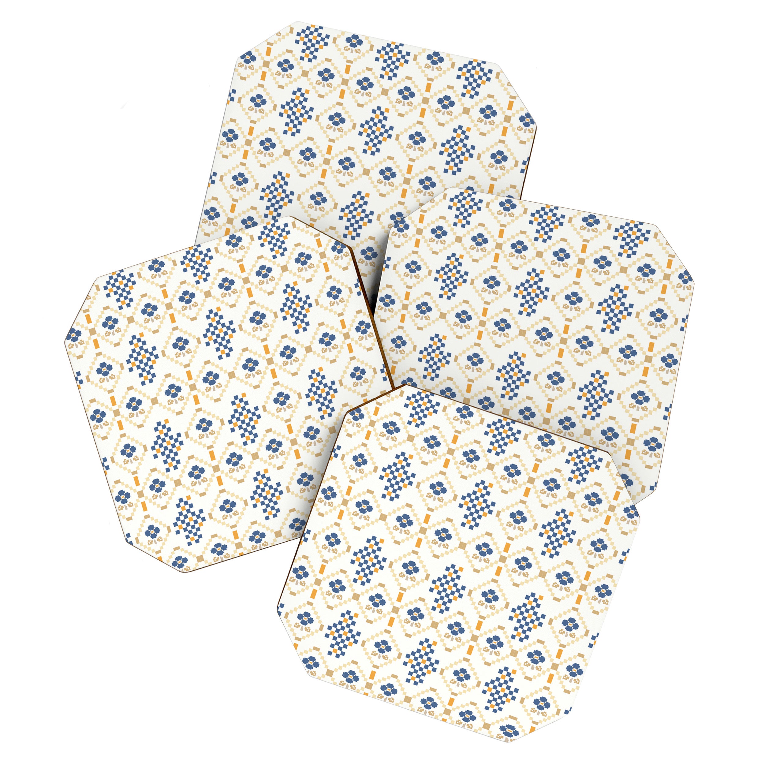Scandinavian Geometric Floral Pattern  Nordic Folk Tile Design Blue and Mustard Modern Decor Coaster Gallery Image 1