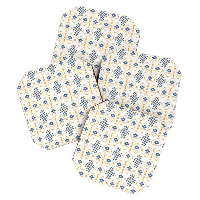 Scandinavian Geometric Floral Pattern  Nordic Folk Tile Design Blue and Mustard Modern Decor Coaster Gallery Image 1