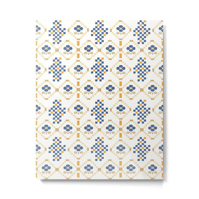 Scandinavian Geometric Floral Pattern  Nordic Folk Tile Design Blue and Mustard Modern Decor Metal Print Gallery Image 1