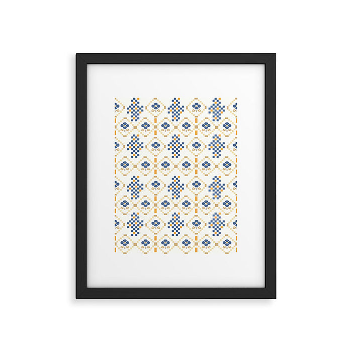 Scandinavian Geometric Floral Pattern  Nordic Folk Tile Design Blue and Mustard Modern Decor Framed Art Print Gallery Image 1