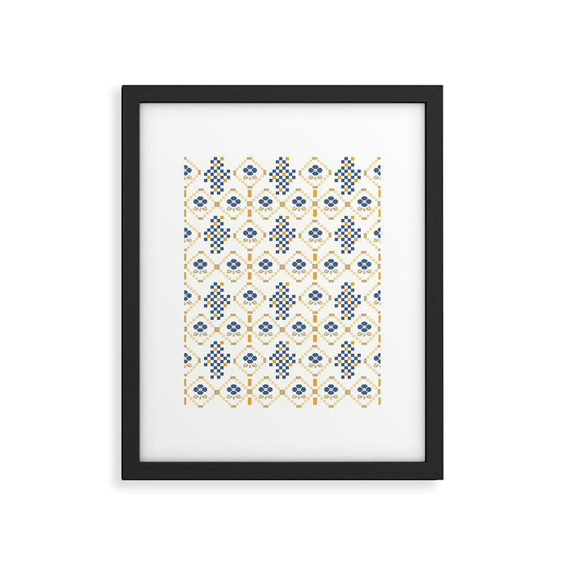 Scandinavian Geometric Floral Pattern  Nordic Folk Tile Design Blue and Mustard Modern Decor Framed Art Print Gallery Image 6