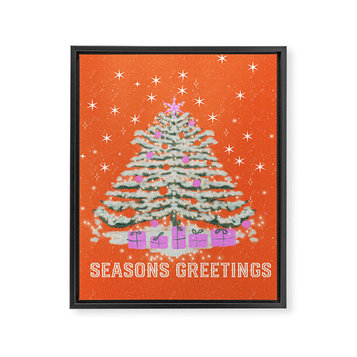 Seasons Greetings Snowy Christmas Tree with Presents Framed Canvas Print Gallery Image 1