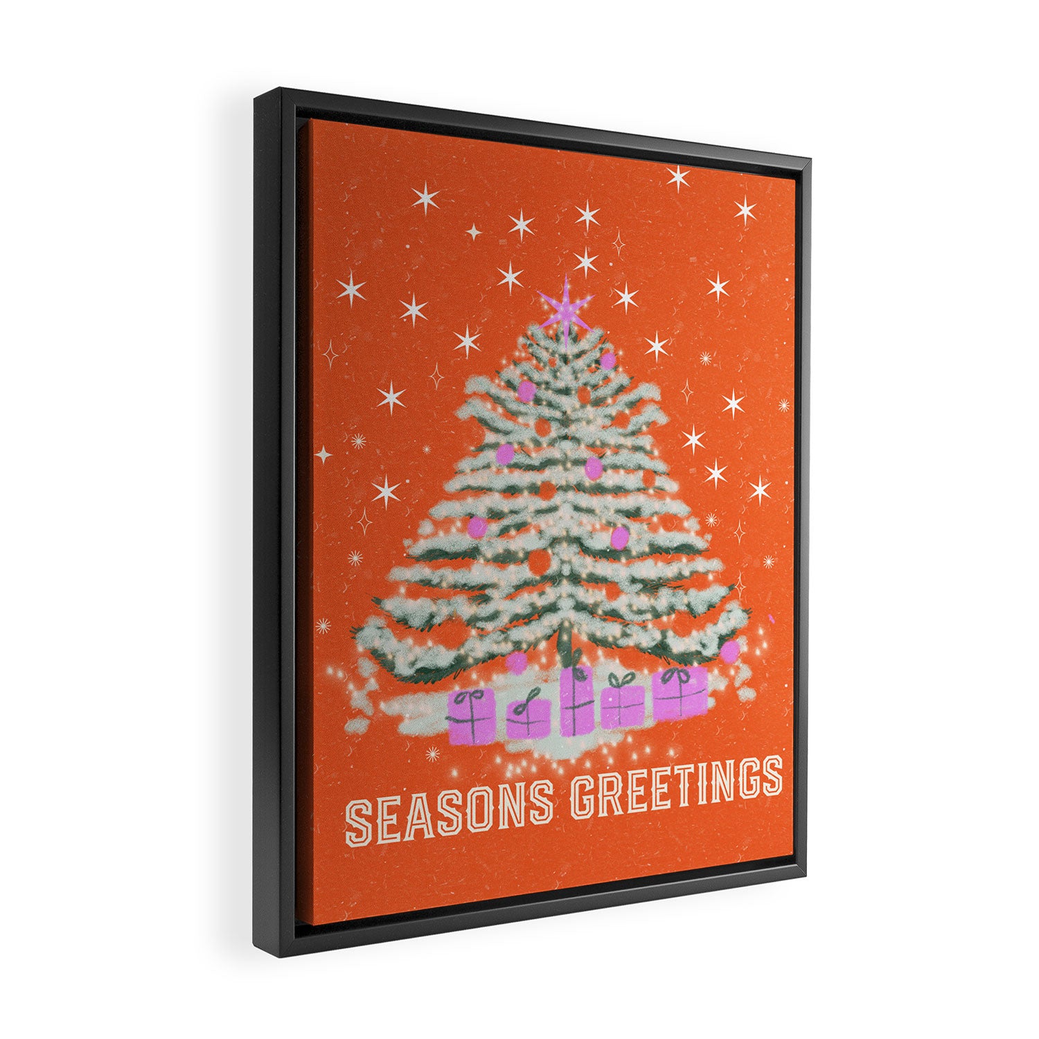Seasons Greetings Snowy Christmas Tree with Presents Framed Canvas Print Gallery Image 2