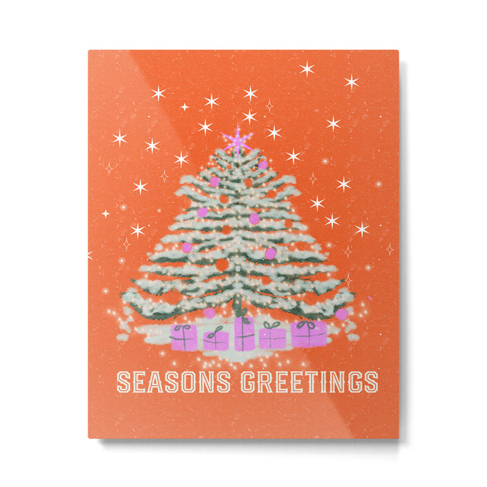 Seasons Greetings Snowy Christmas Tree with Presents Metal Print Gallery Image 1