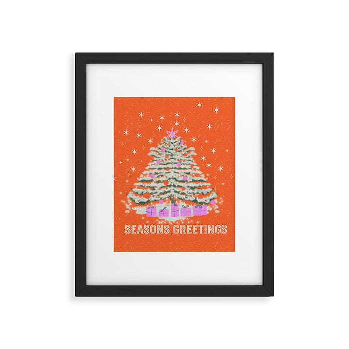 Seasons Greetings Snowy Christmas Tree with Presents Framed Art Print Gallery Image 1