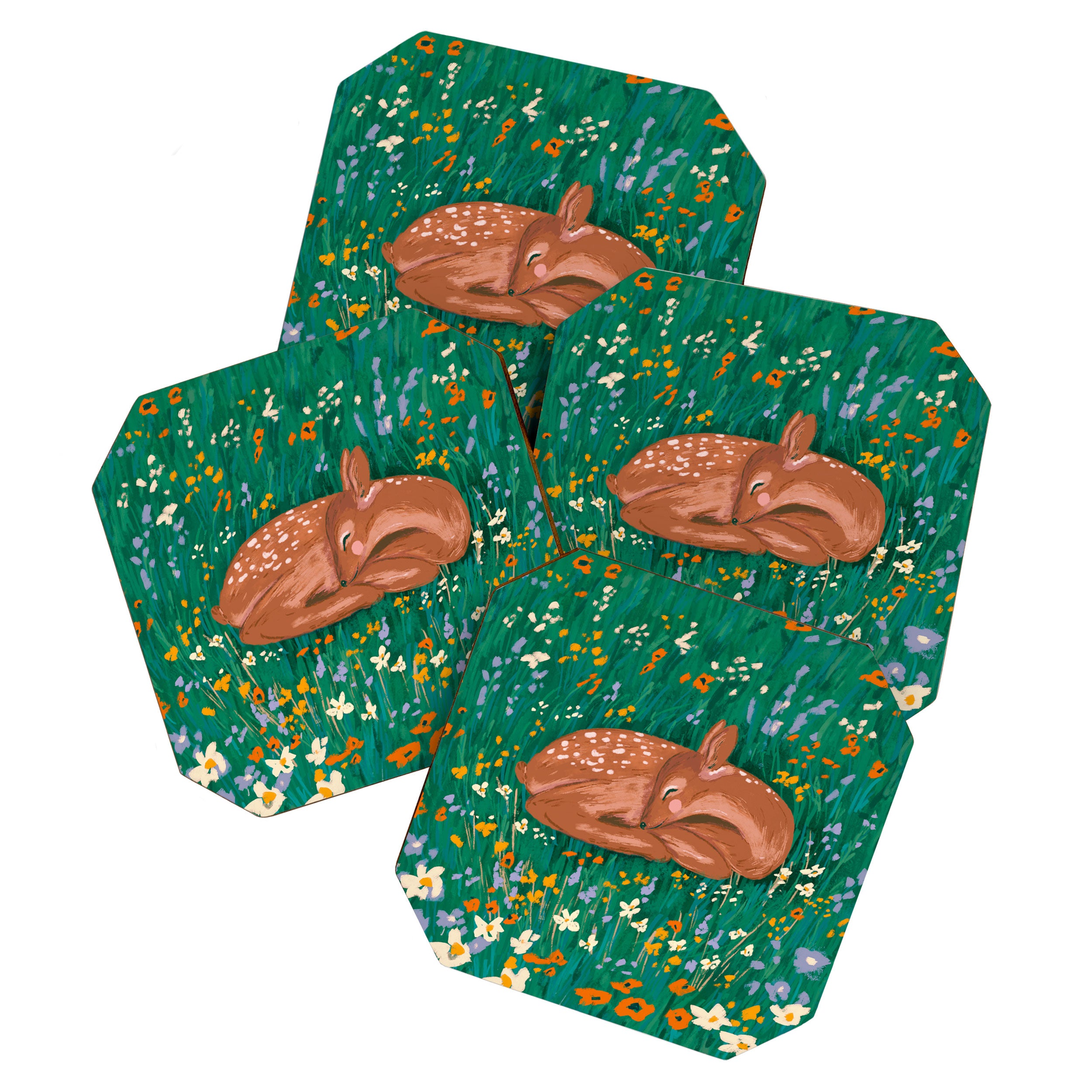 Sleeping Deer in Wildflower Meadow Whimsical Nature Illustration Coaster Gallery Image 1