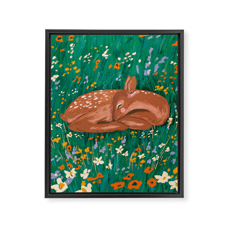 Sleeping Deer in Wildflower Meadow Whimsical Nature Illustration Framed Canvas Print Gallery Image 8