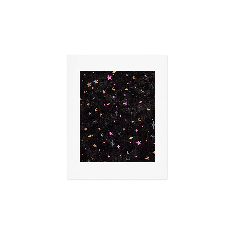 Spaces pattern with colourful stars moons and planets  Art Print Gallery Image 1