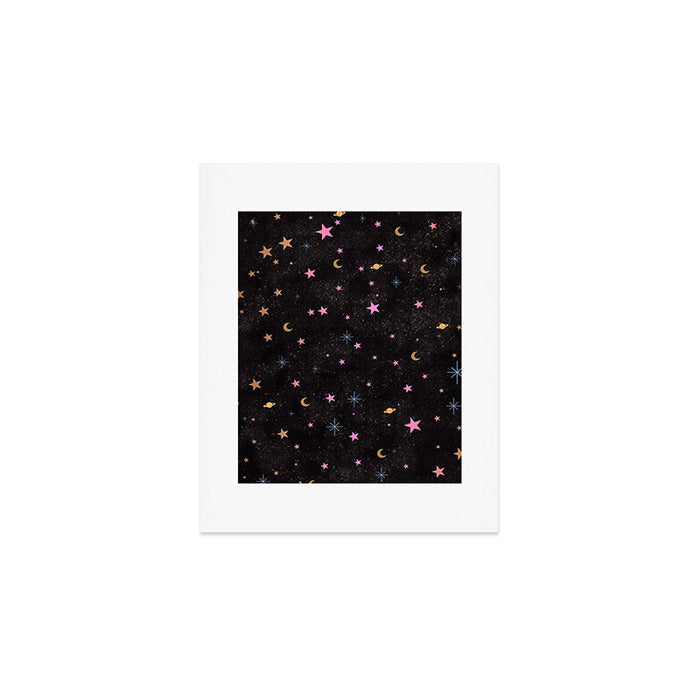 Spaces pattern with colourful stars moons and planets  Art Print Gallery Image 1