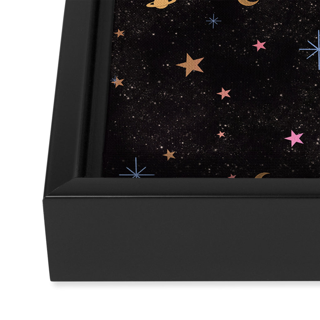 Spaces pattern with colourful stars moons and planets  Framed Canvas Print Gallery Image 3