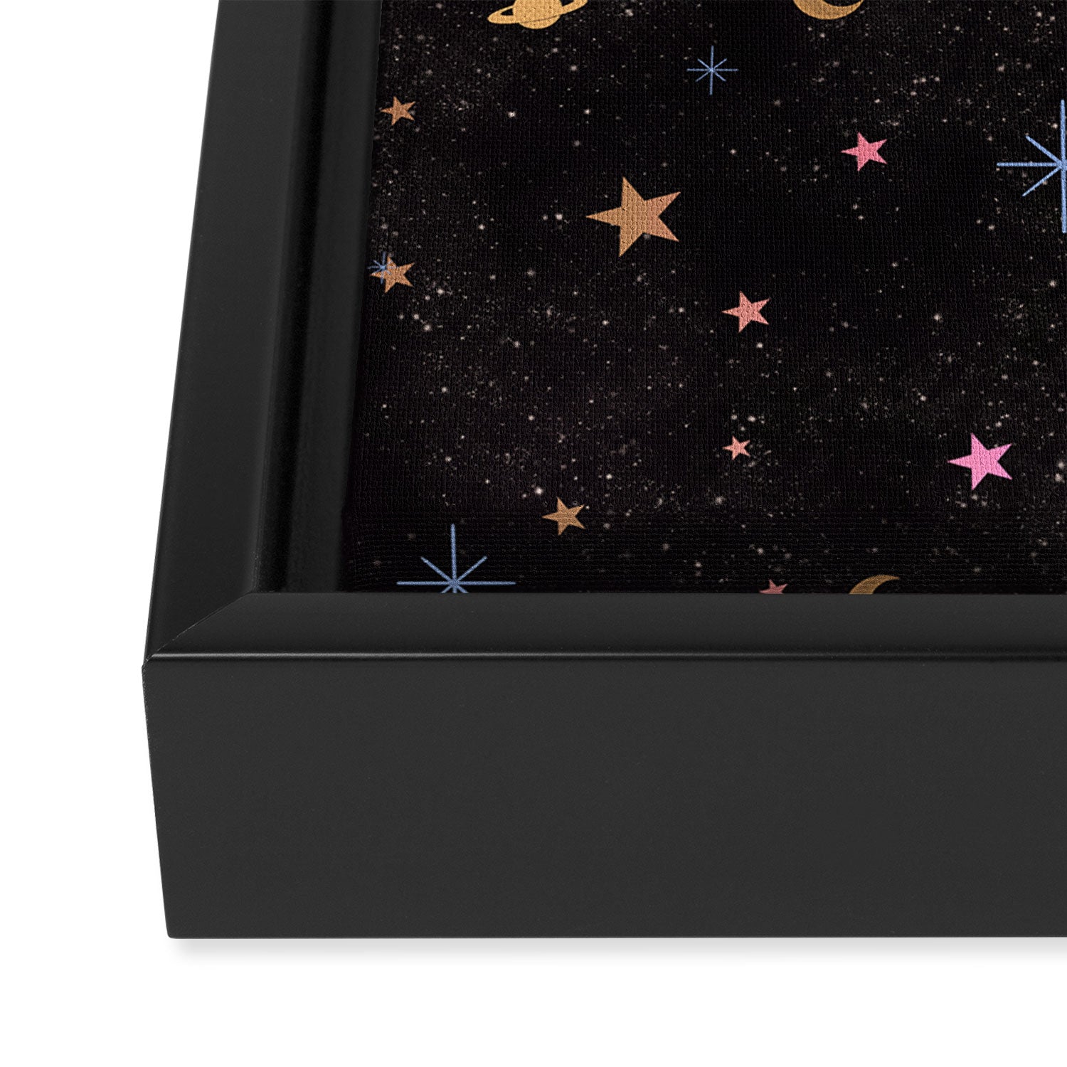 Spaces pattern with colourful stars moons and planets  Framed Canvas Print Gallery Image 3