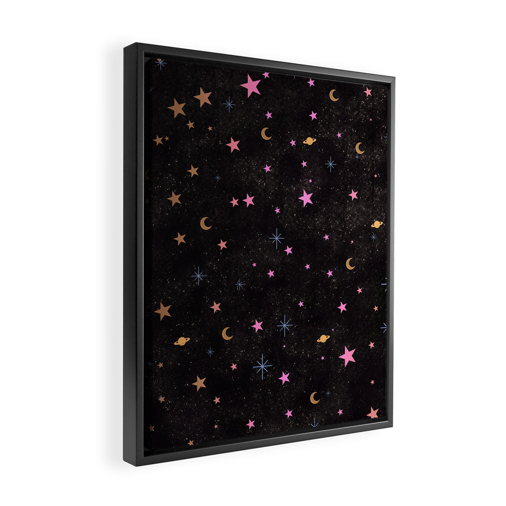 Spaces pattern with colourful stars moons and planets  Framed Canvas Print Gallery Image 2