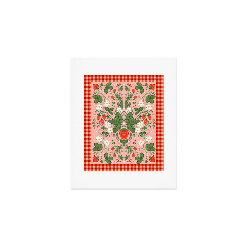 Strawberry Picnic Pattern with Gingham Border Art Print Gallery Image 1
