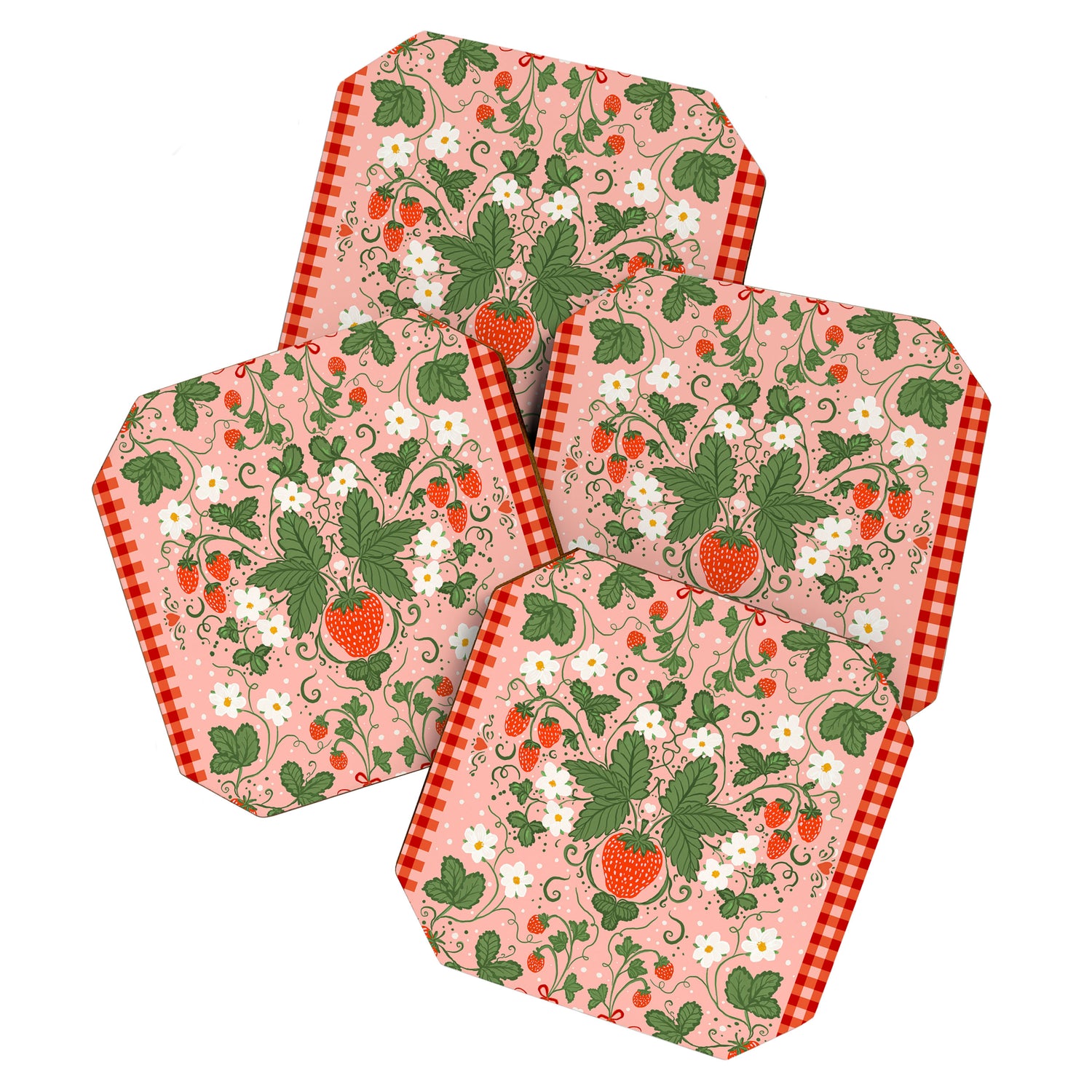 Strawberry Picnic Pattern with Gingham Border Coaster Gallery Image 1