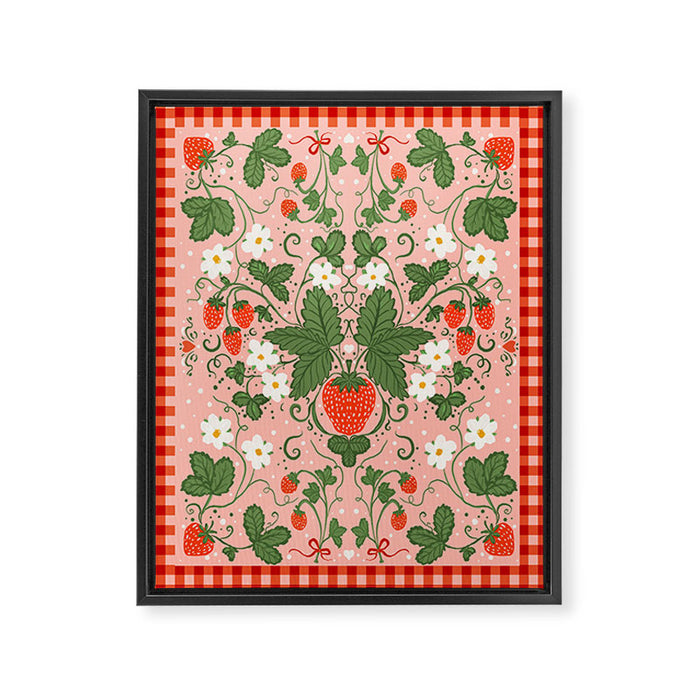 Strawberry Picnic Pattern with Gingham Border Framed Canvas Print Gallery Image 1