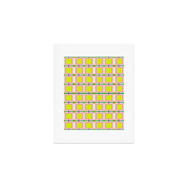 Vibrant Square Grid Pattern  Neon Lime and Pink  Art Print Gallery Image 1