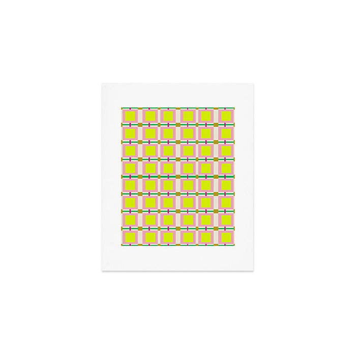 Vibrant Square Grid Pattern  Neon Lime and Pink  Art Print Gallery Image 1
