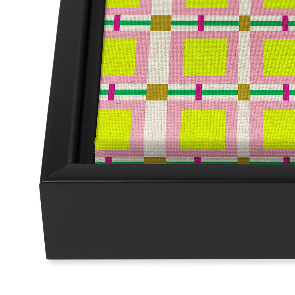 Vibrant Square Grid Pattern  Neon Lime and Pink  Framed Canvas Print Gallery Image 3