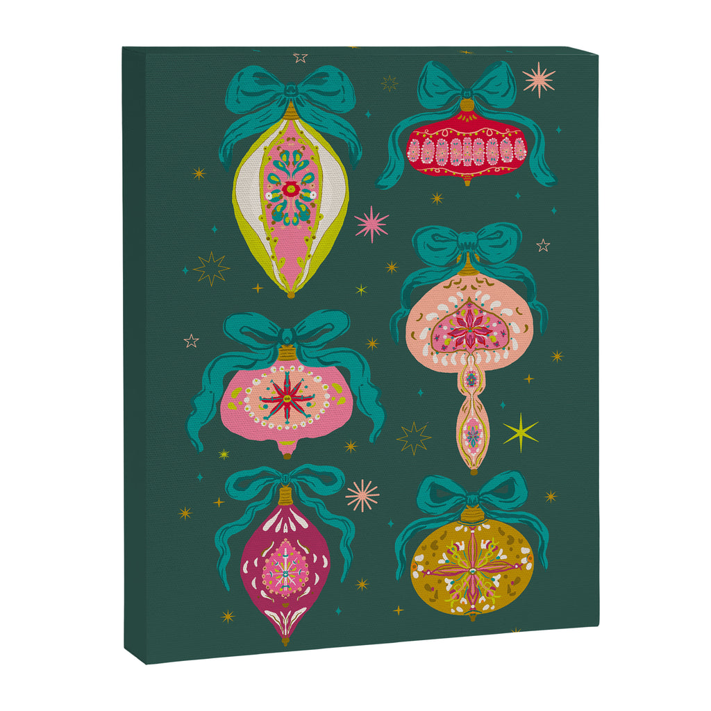 Vintage Christmas Ornaments on Deep Teal Background Holiday Pattern Canvas Print Gallery Image 8