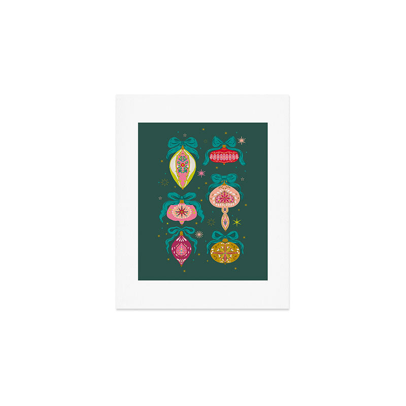 Vintage Christmas Ornaments on Deep Teal Background Holiday Pattern Art Print Gallery Image 1