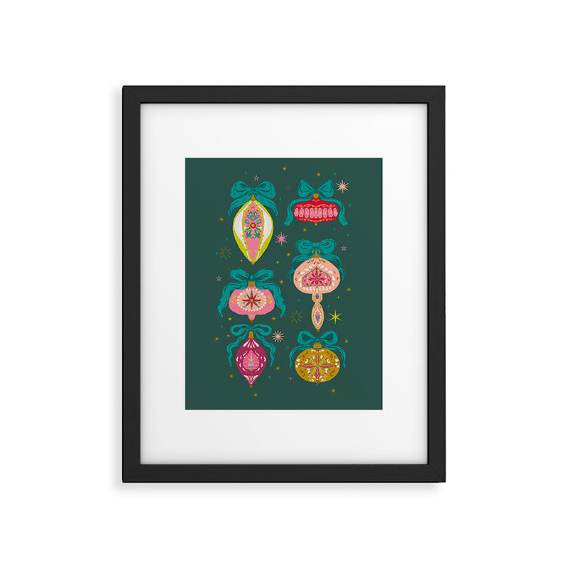 Vintage Christmas Ornaments on Deep Teal Background Holiday Pattern Framed Art Print Gallery Image 6