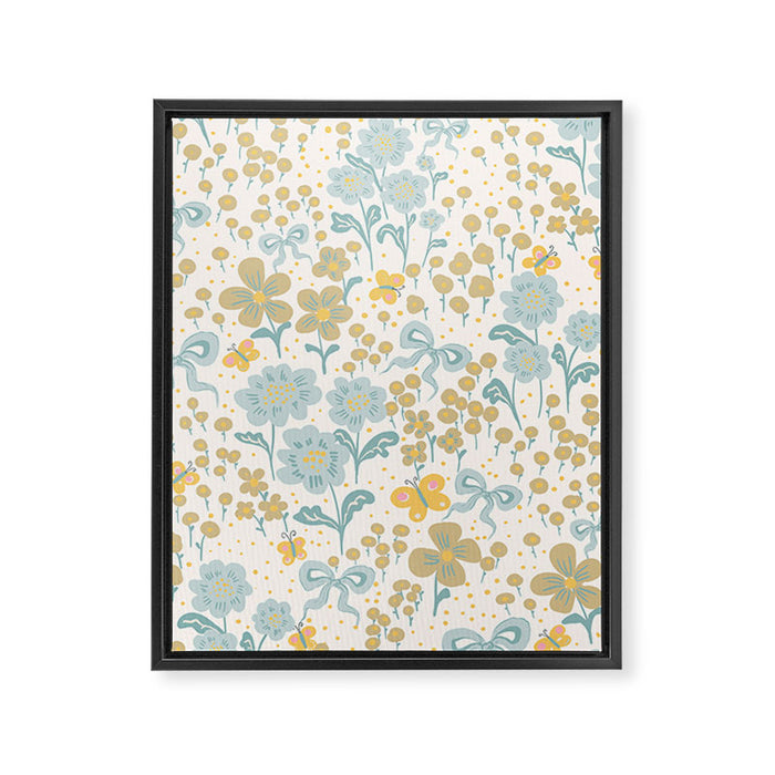 Vintage Floral Butterfly Pattern  Blue Yellow Pastel Garden with Bows and Blossoms Framed Canvas Print Gallery Image 1