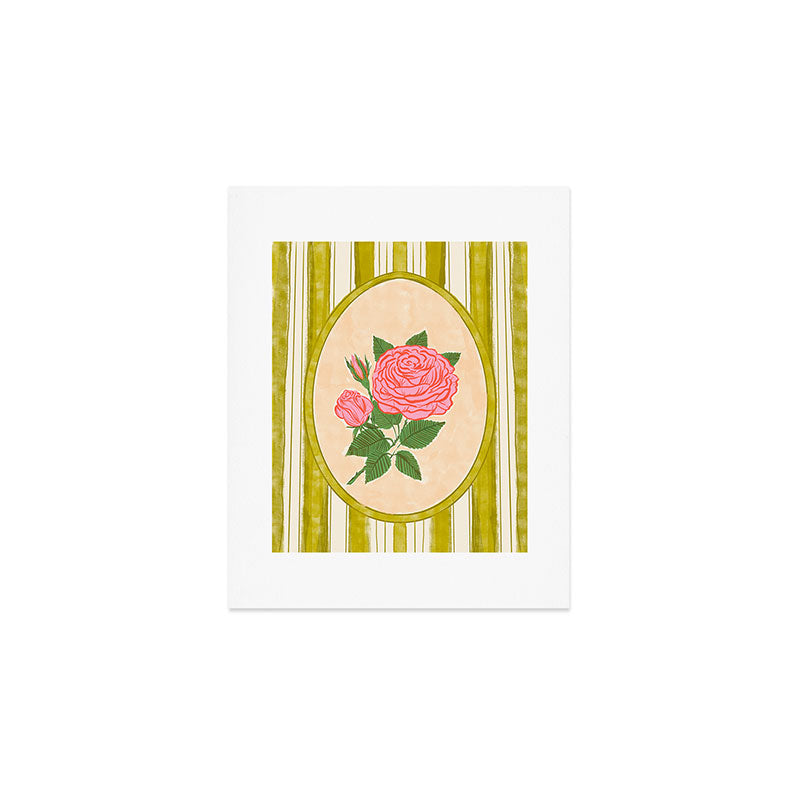 Vintage Rose Illustration with Striped Frame Art Print Gallery Image 1