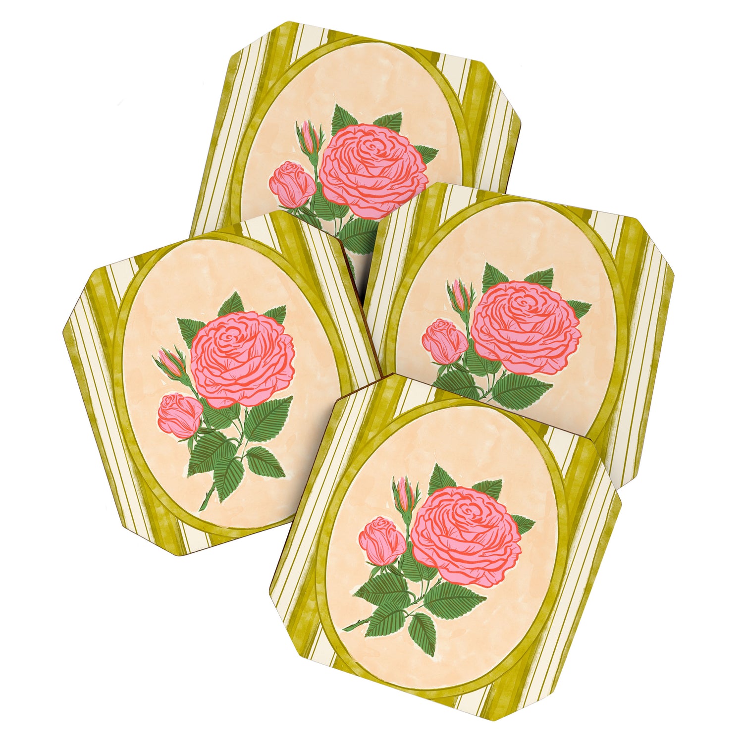 Vintage Rose Illustration with Striped Frame Coaster Gallery Image 1