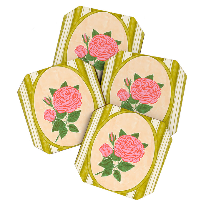 Vintage Rose Illustration with Striped Frame Coaster Gallery Image 1