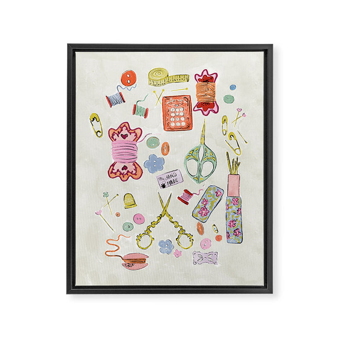 Vintage Sewing Kit Illustration Framed Canvas Print Gallery Image 1