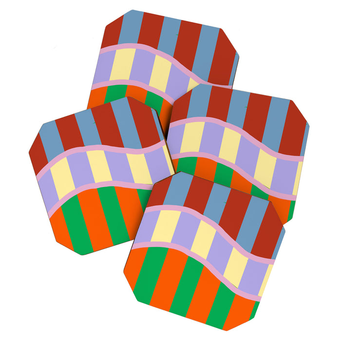Wavy Abstract Stripe Art Retro Color Flow with Orange Lavender Green andTerracotta Coaster Gallery Image 1