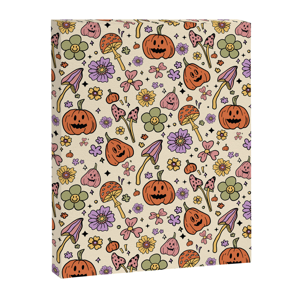 Whimsical Halloween Pattern Cute Pumpkins Mushrooms and Flowers in Pastel Autumn Colors Canvas Print Gallery Image 8