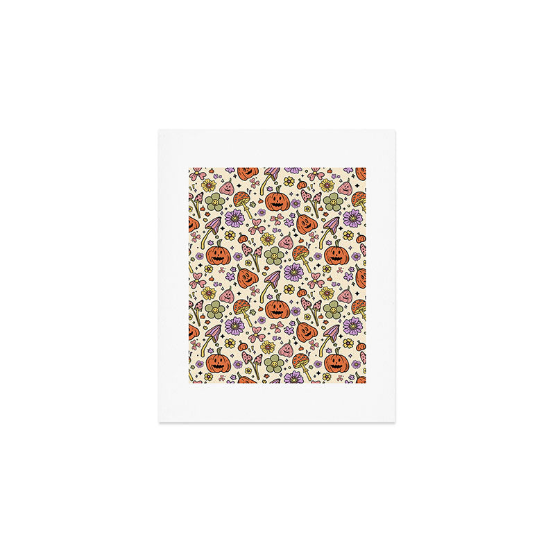 Whimsical Halloween Pattern Cute Pumpkins Mushrooms and Flowers in Pastel Autumn Colors Art Print Gallery Image 1